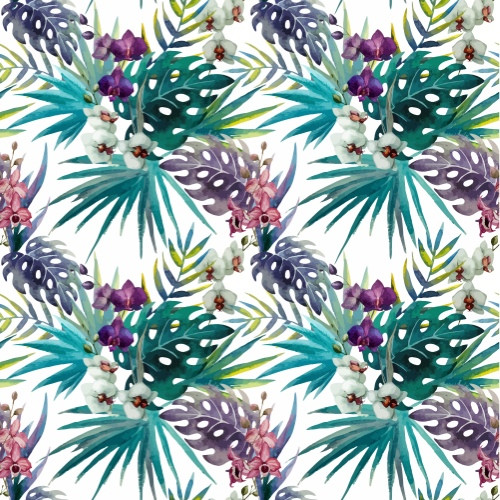 Watercolor Tropical Leaves and Orchids Seamless Pattern Vector