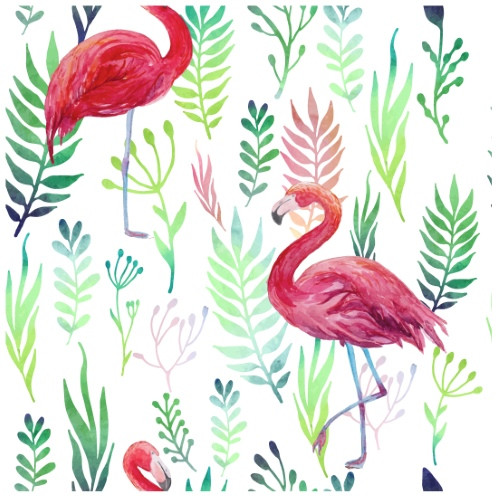 Watercolor Flamingos and Tropical Leaves Seamless Pattern Vector