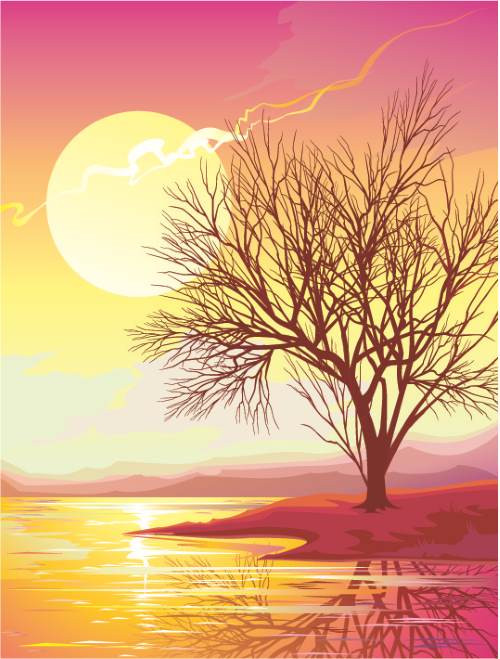Golden Sunset Landscape Vector with Bare Tree Silhouette