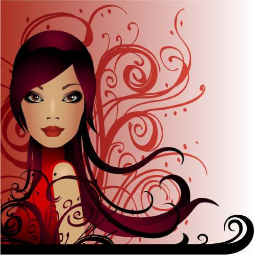 Elegant Woman Portrait Vector with Red Floral Ornaments