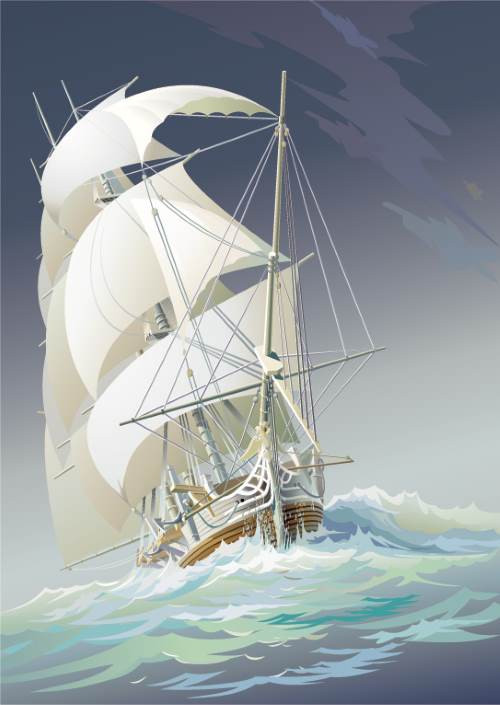 Dramatic Sailing Ship in Stormy Ocean Waves Vector