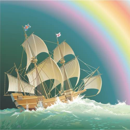 Majestic Sailing Ship and Rainbow Over Ocean Waves Vector